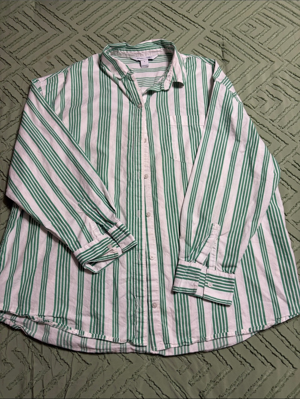 Casual Oversized Green & White Vertical Stripe Button-Down Shirt